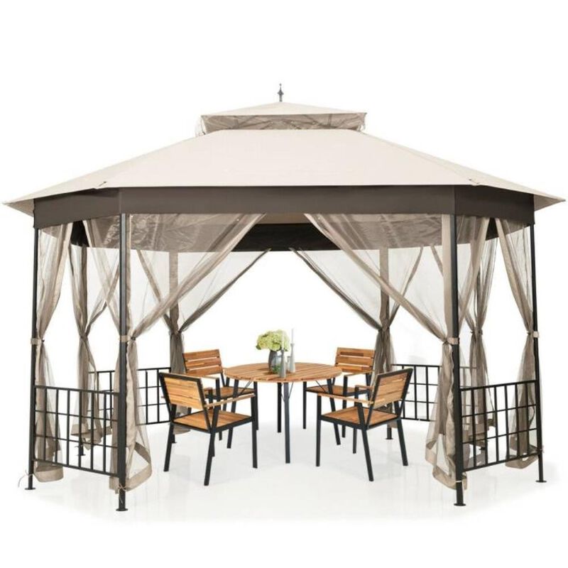 Hivvago Outdoor 10 x 12 Ft Octagon Gazebo with Mosquito Net Sidewalls and Beige Canopy