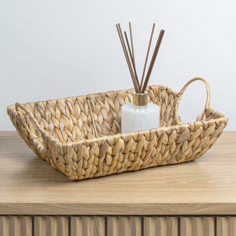 Rowan Bohemian Cottage Handwoven Hyacinth Rectangular Decorative Basket Trays with Handles
