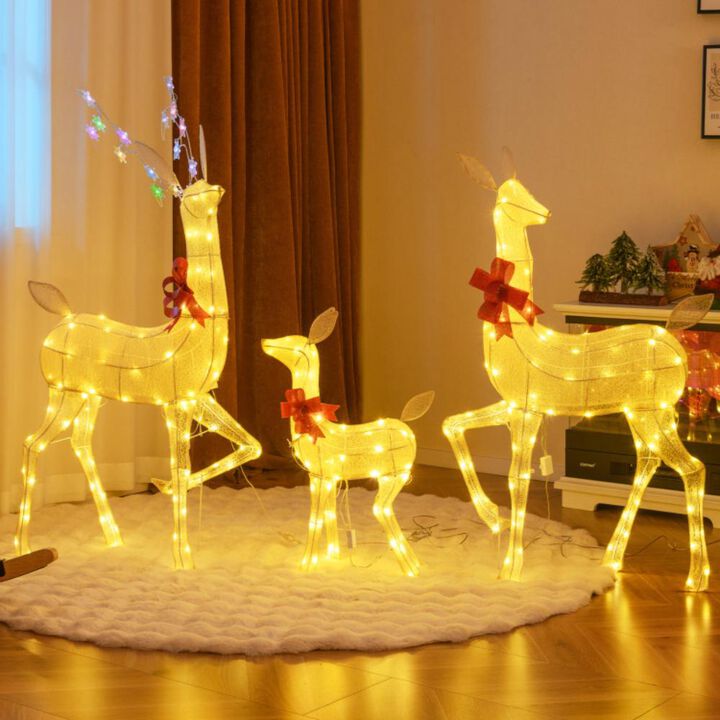 Hivvago 3 Pieces Lighted Family Deer Set with LED Lights and RGB Flashing Lights