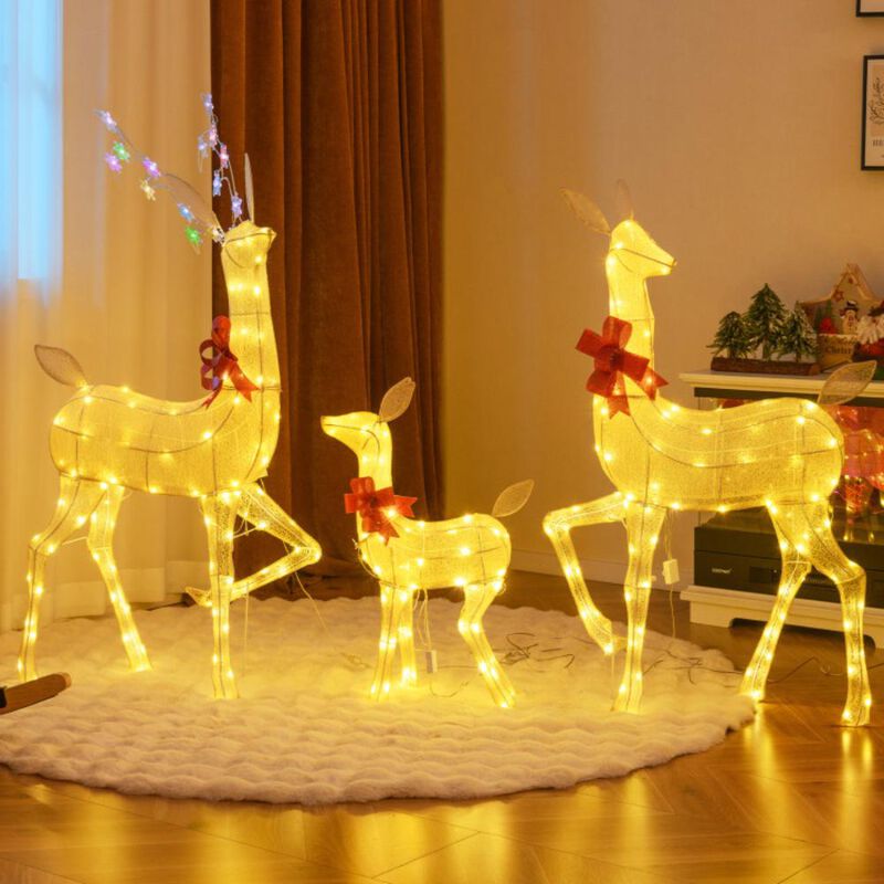 Hivvago 3 Pieces Lighted Family Deer Set with LED Lights and RGB Flashing Lights