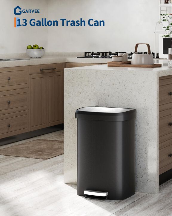 Rustproof Large 13 Gal / 50L Plastic Step-On Kitchen Trash Can with Soft Close Lid, Liner Rim & Rear Handle