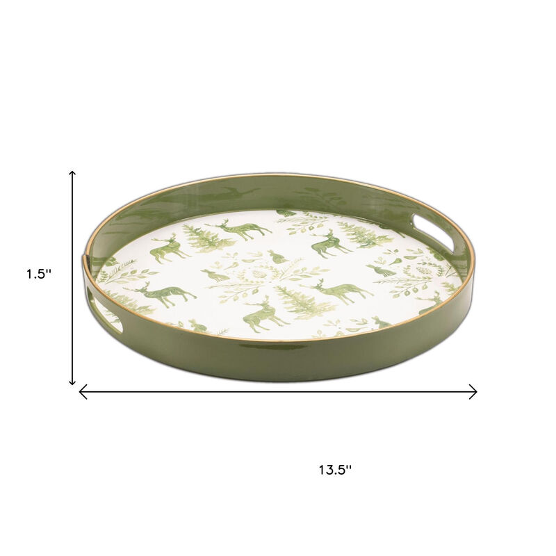 HomeRoots 14" Green White And Gold Woodland Scene Round Serving Tray With Handles image number 4