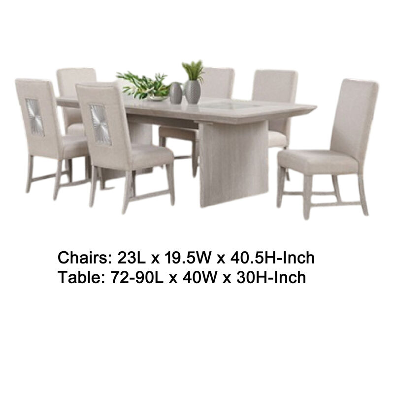 Diaz 7pc Dining Table Set, Extendable Leaf, 6 Fabric Chair, Gray Wood - Benzara