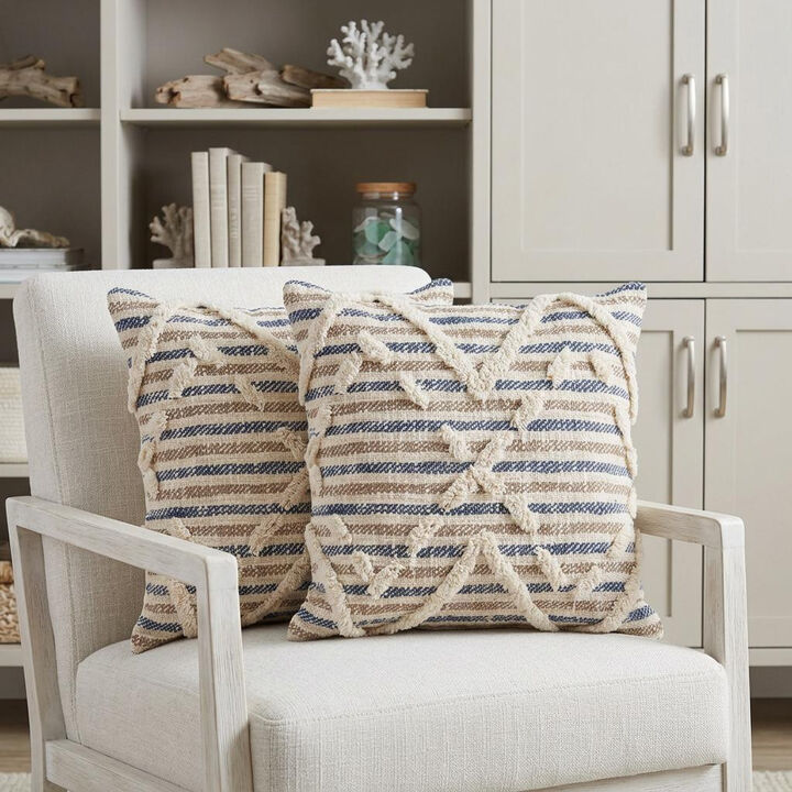 HomeRoots Set of Two Blue Diamond Cotton Throw Pillow With Fringe