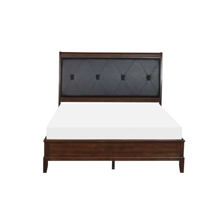 Dark Cherry Finish 1pc Queen Sleigh Bed Button-Tufted Faux-Leather Upholstered Headboard Transitional Style Bedroom Furniture