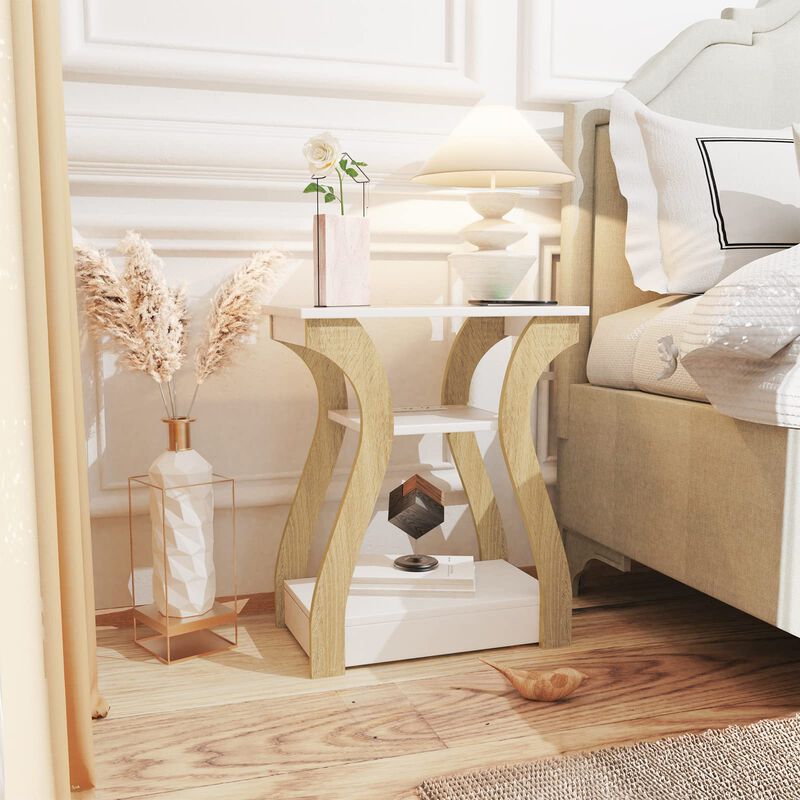 FROMJBEST End Table with Charging Station, Side Table with USB Ports and Outlets, Nightstand, 3 Tier End Table with Storage Shel