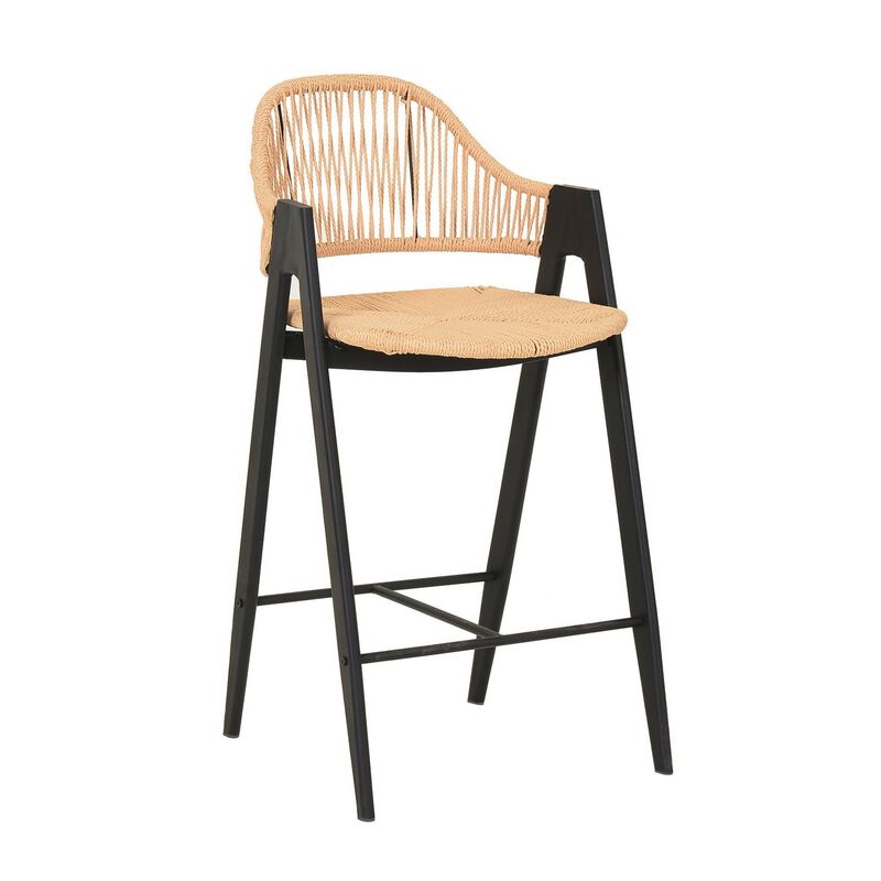 26 Inch Counter Stool Chair Set of 2, Woven Back, Iron Frame, Rattan, Beige - Benzara