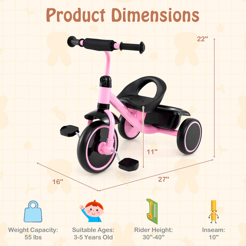 Toddler 3-Wheel Tricycle with Adjustable Seat and Storage Basket for Kids image number 2