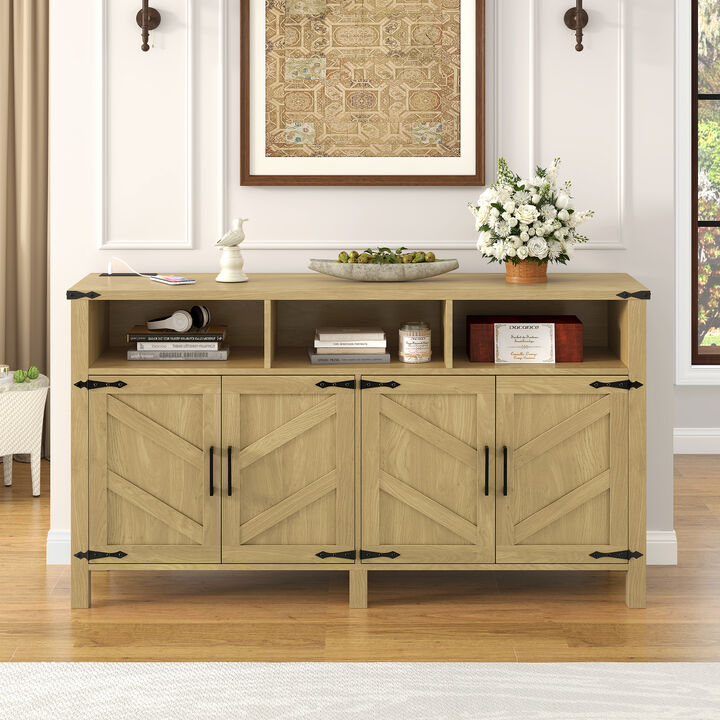 TATEUS Modern Buffet Cabinet with Built-in Charging Station, Aluminum Handles & Half-Open Shelves.