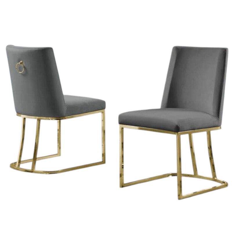 Velvet Upholstered Side Chair, Gold Color Legs  Dark Grey -Set of 2