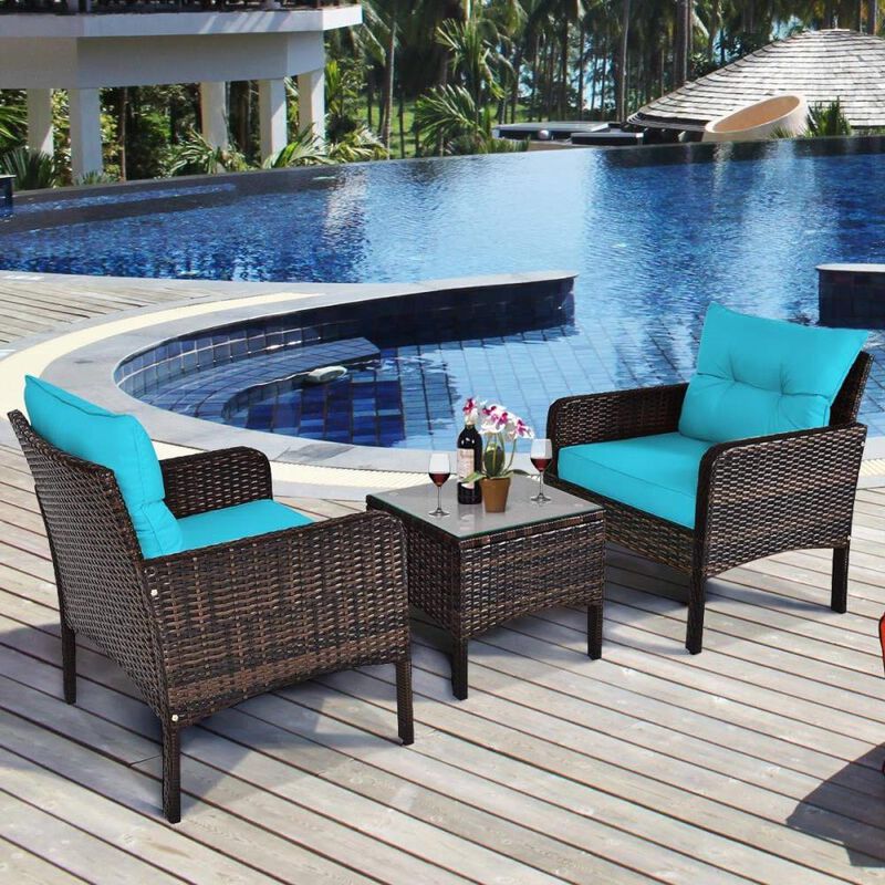 Hivvago 3-Piece Brown PE Rattan Outdoor Patio Furniture Dining Set w/ Turquoise Cushions