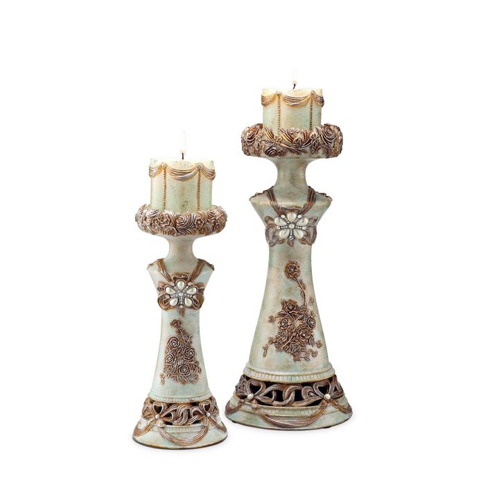 Homezia Set of 2 Beige And Brown Vintage Pillar Tabletop Candle Holders