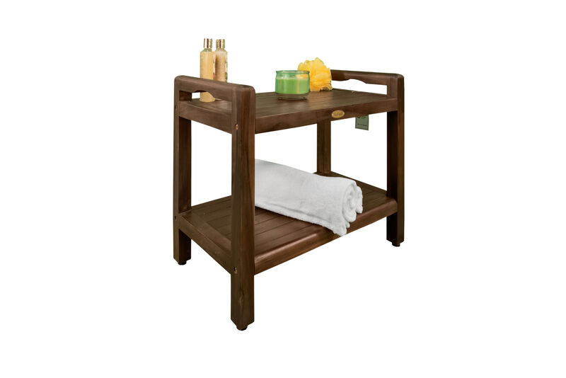 DecoTeak Eleganto 24" Teak Wood Shower Bench with LiftAide Arms and Shelf in Woodland Brown Finish