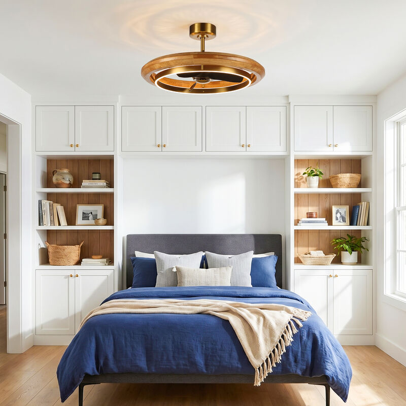 33" Modern Antique Brass Wheel Caged Reversible Dimmable Ceiling Fan with Light and Remote for Bedroom, Living Room or Dining Room image number 4
