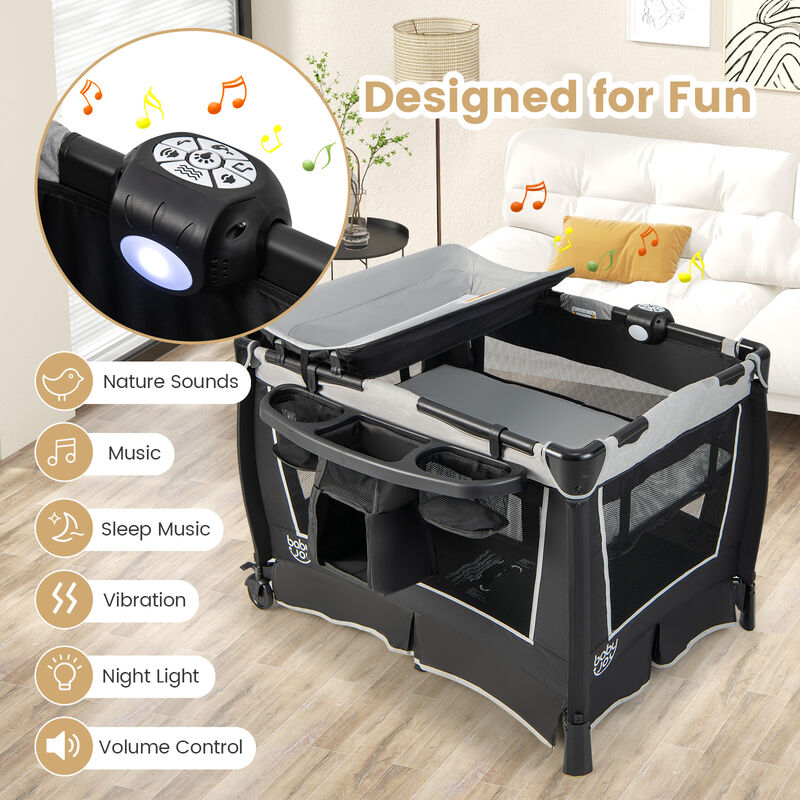 4-in-1 Convertible Portable Baby Play yard with Toys and Music Player