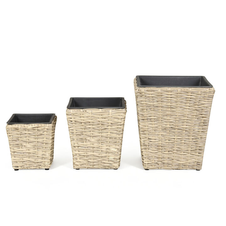 3 Pack Rattan Planters with Plastic Liners for Indoor Outdoor