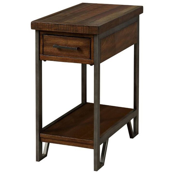Rectangular Wood and Metal Side Table with USB Outlet, Brown and Gray-Benzara