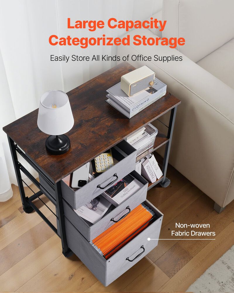 Metal Rolling File Cabinet with Fabric Drawers and Open Shelf Storage