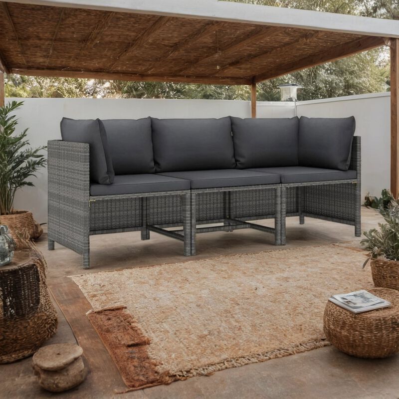 Ley 3pc Outdoor Modular Sofa Set, Dark Gray Polyester, Poly Rattan - Benzara