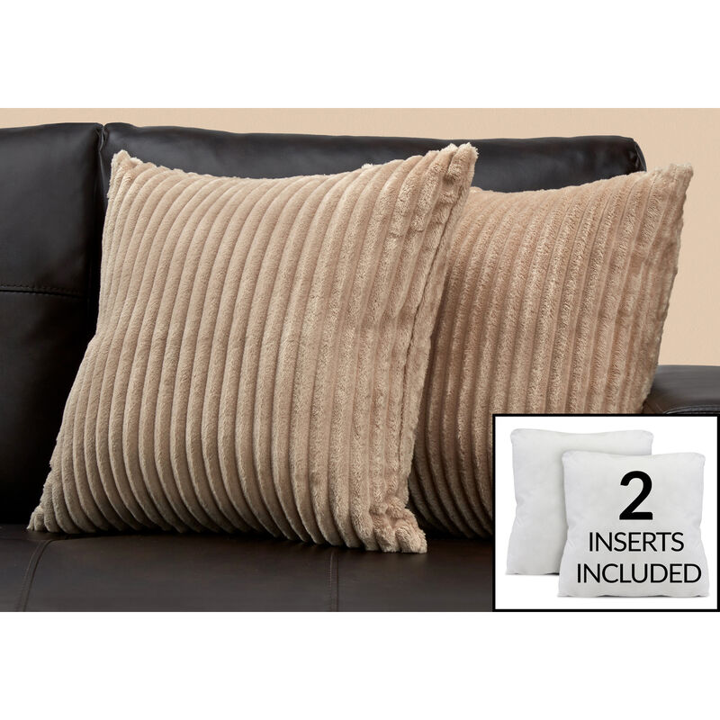 Monarch Specialties I 9355 Pillows, Set Of 2, 18 X 18 Square, Insert Included, Decorative Throw, Accent, Sofa, Couch, Bedroom, Polyester, Hypoallergenic, Beige, Modern