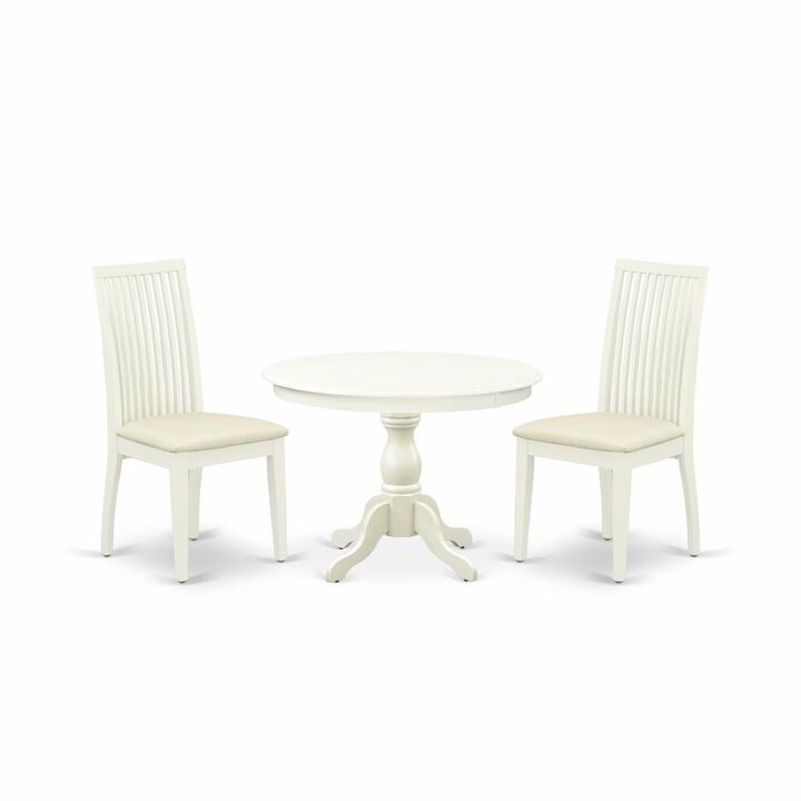 East West Furniture HBIP3-LWH-C 3 Piece Kitchen Dining Table Set - Linen White Round Dining Table with 2 Linen White Dining Room Chairs with Slatted Back - Linen White Finish