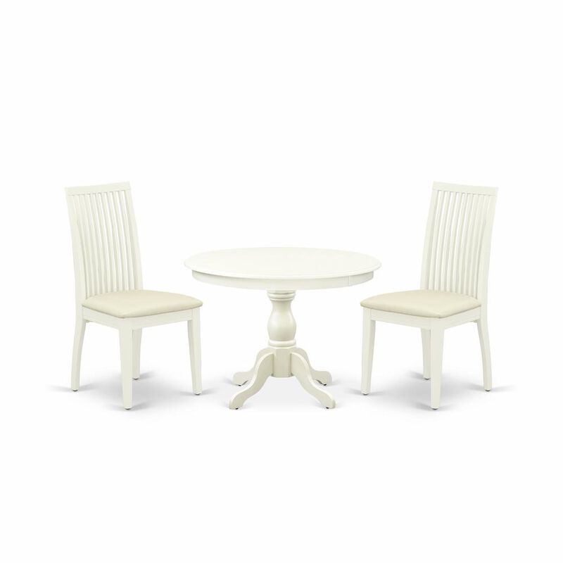East West Furniture HBIP3-LWH-C 3 Piece Kitchen Dining Table Set - Linen White Round Dining Table with 2 Linen White Dining Room Chairs with Slatted Back - Linen White Finish