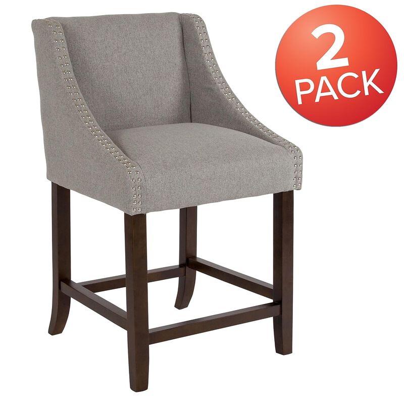 Flash Furniture Carmel Series 24" High Transitional Walnut Counter Height Stool with Nail Trim in Light Gray Fabric, Set of 2