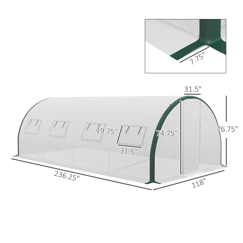 Outsunny 20' x 10' x 6.6' Walk-in Tunnel Greenhouse with Upgraded Structure, Outdoor Green House with 2 Hinged Doors, 8 Mesh Windows, Gardening Plant Warm House Tent, White