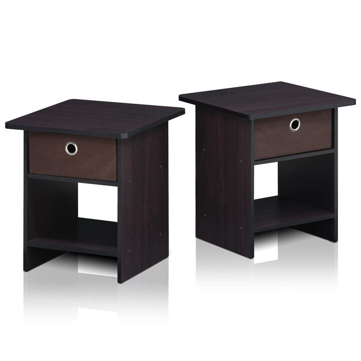 Furinno End Table/ Night Stand Storage Shelf with Bin Drawer, Dark Walnut, Set of two
