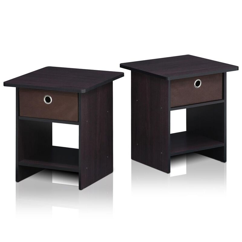 Furinno End Table/ Night Stand Storage Shelf with Bin Drawer, Dark Walnut, Set of two