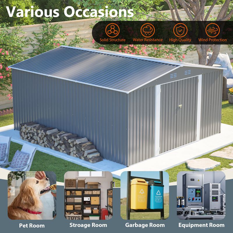 12x14 FT Metal Storage Shed, Lockable Double Door Tool Shed, Light Gray image number 7