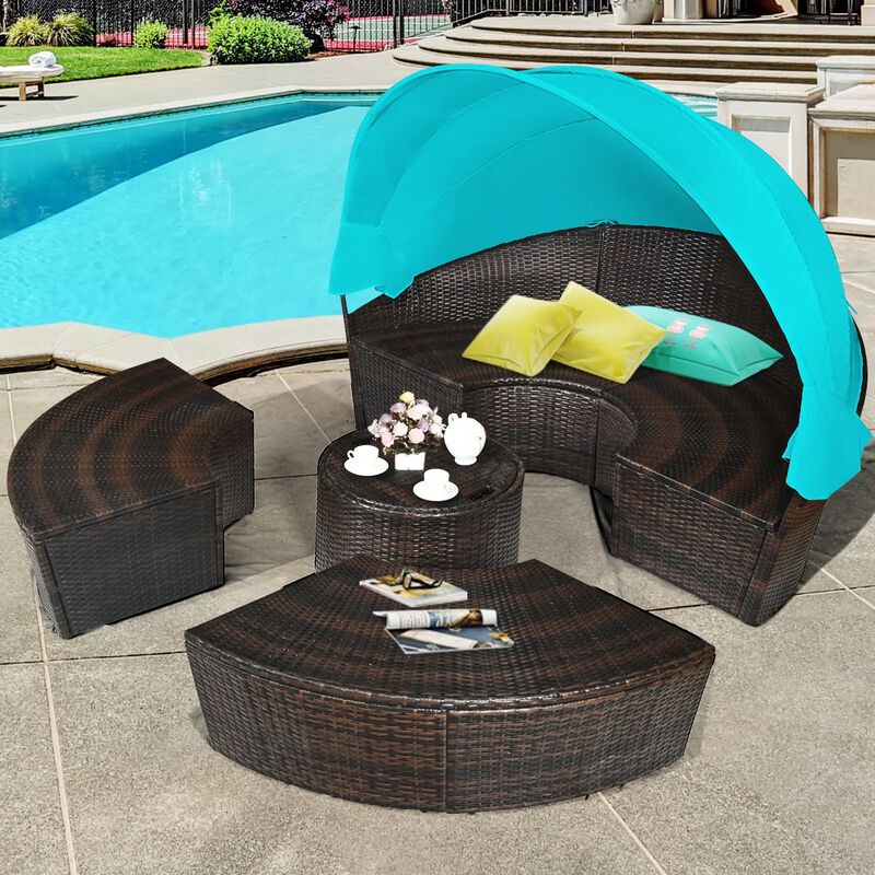 Mondawe Patio Round Rattan Daybed with Retractable Canopy and Height Adjustable Coffee Table