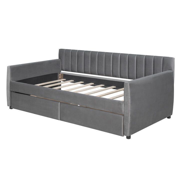 Upholstered daybed with Drawers, Wood Slat Support