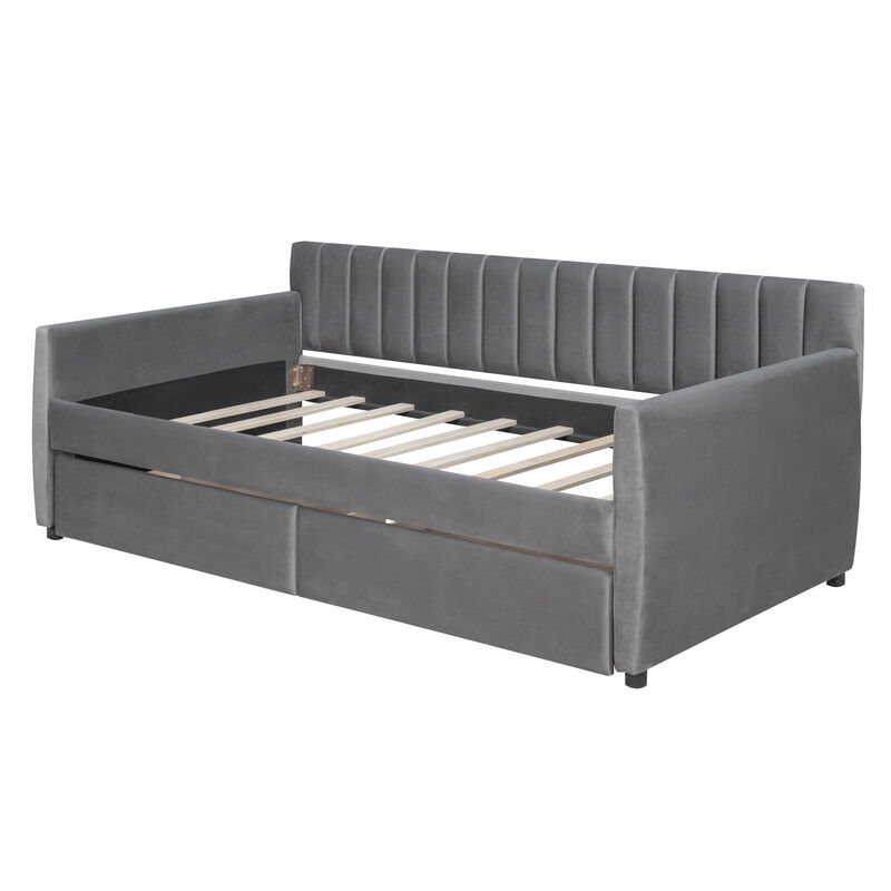 Upholstered daybed with Drawers, Wood Slat Support image number 0