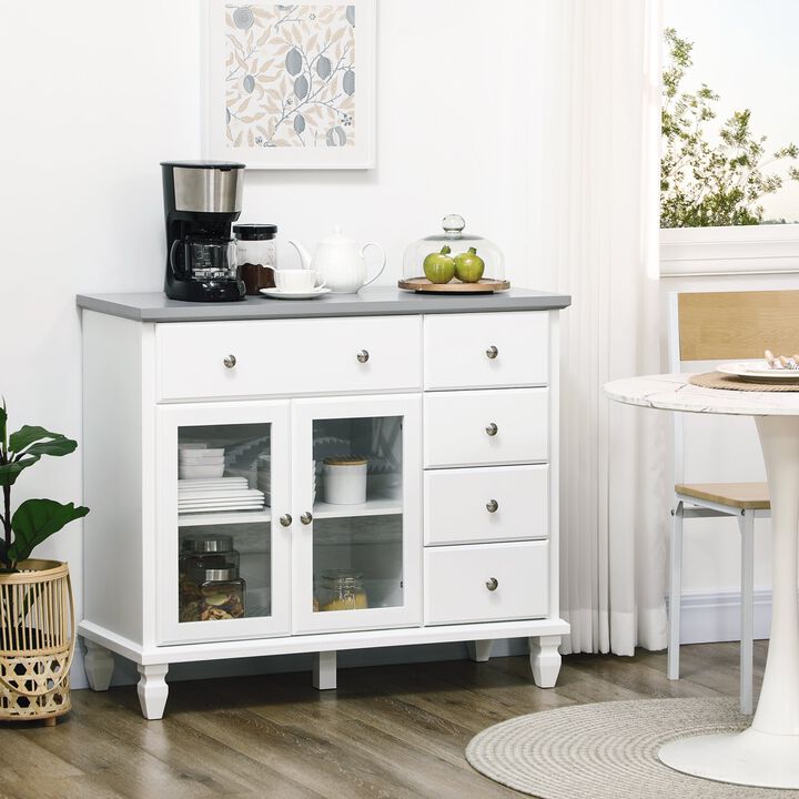 Modern Sideboard Buffet Cabinet with 5 Storage Drawers and Double Glass Door Cupboard for Living Room White