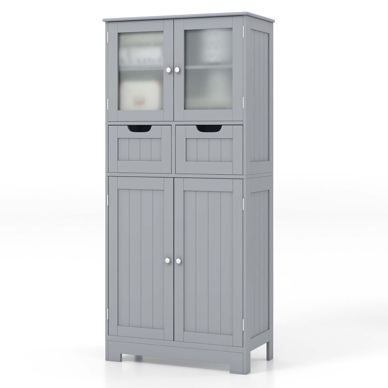 Costway Bathroom Floor Storage Cabinet Kitchen Cupboard with 2 Drawers & Glass Doors Grey
