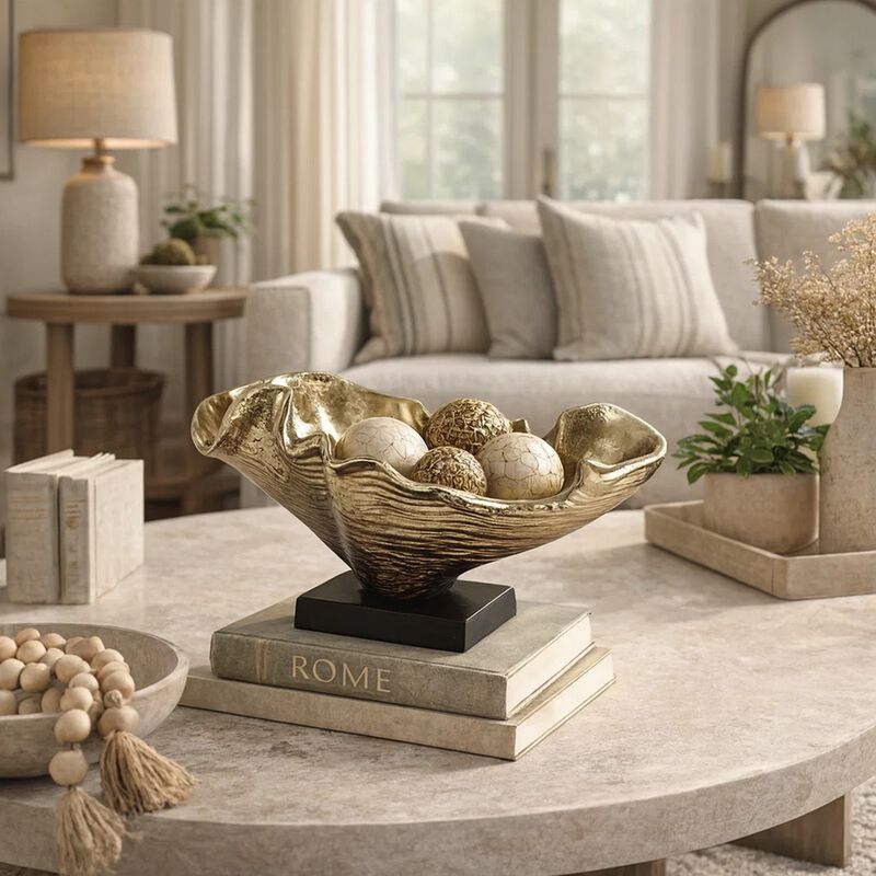 15 Inch Curved Shell Decorative Bowl, Aluminum, Square Base, Gold and Black image number 1
