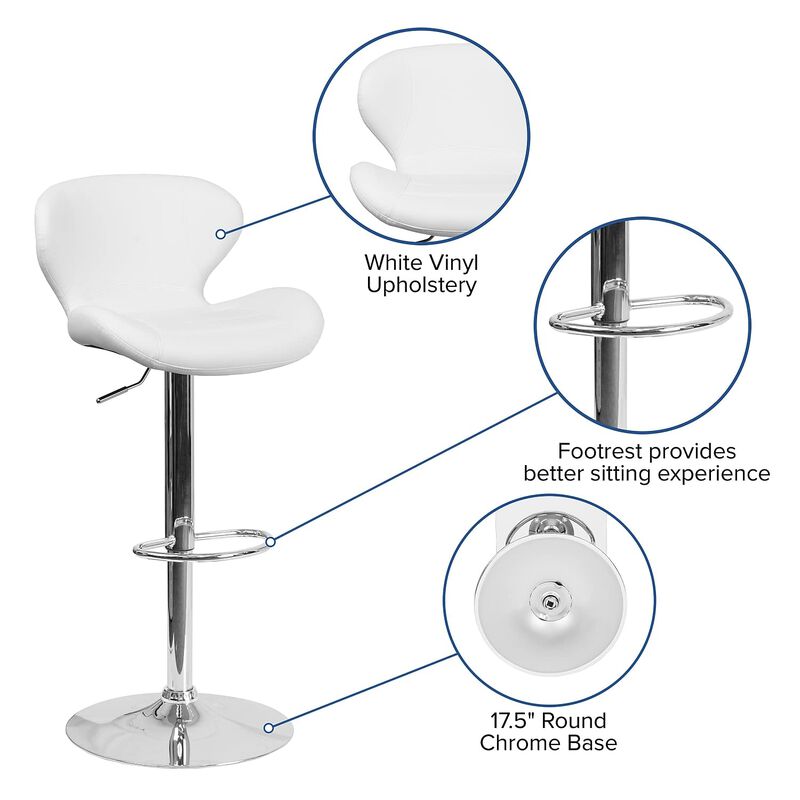 Flash Furniture Contemporary White Vinyl Adjustable Height Barstool with Curved Back and Chrome Base