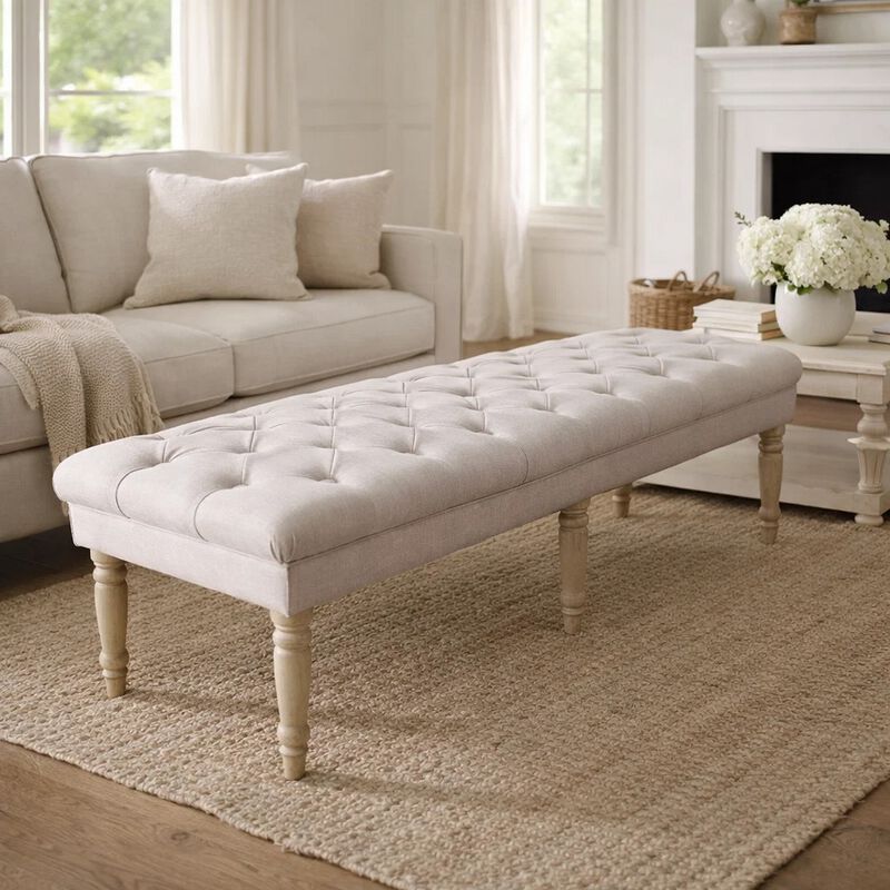 Wooden Bench with Button Tufted Fabric Upholstered Seat and Turned Legs, Cream