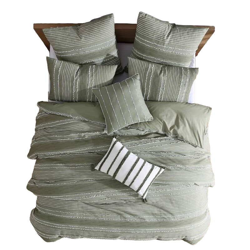 Meo 5pc King Size Comforter Set, Green Textured Woven Jacquard Stripe