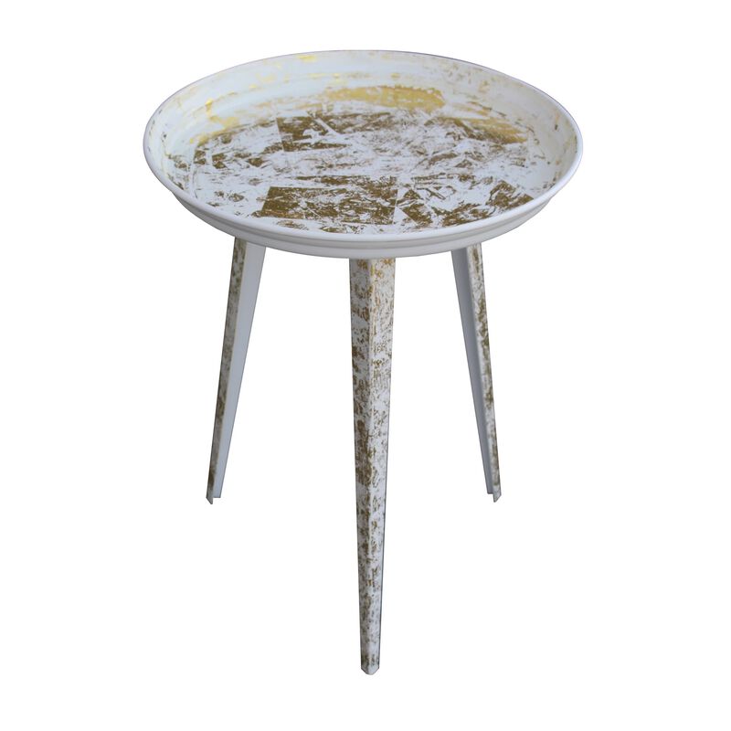20 Inch Artisanal Industrial Round Tray Top Iron Side End Table, Tripod Base, Distressed White, Gold-Benzara
