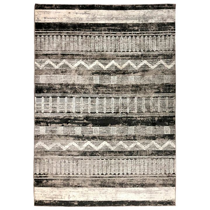 Chia 5 x 7 Area Rug, Woven Tribal Design, Cream and Black Polyester Fabric - Benzara