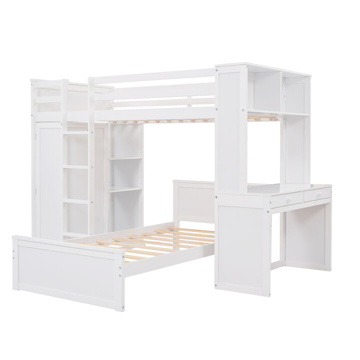 Twin size Loft Bed with a Stand-alone bed, Shelves, Desk, and Wardrobe-White