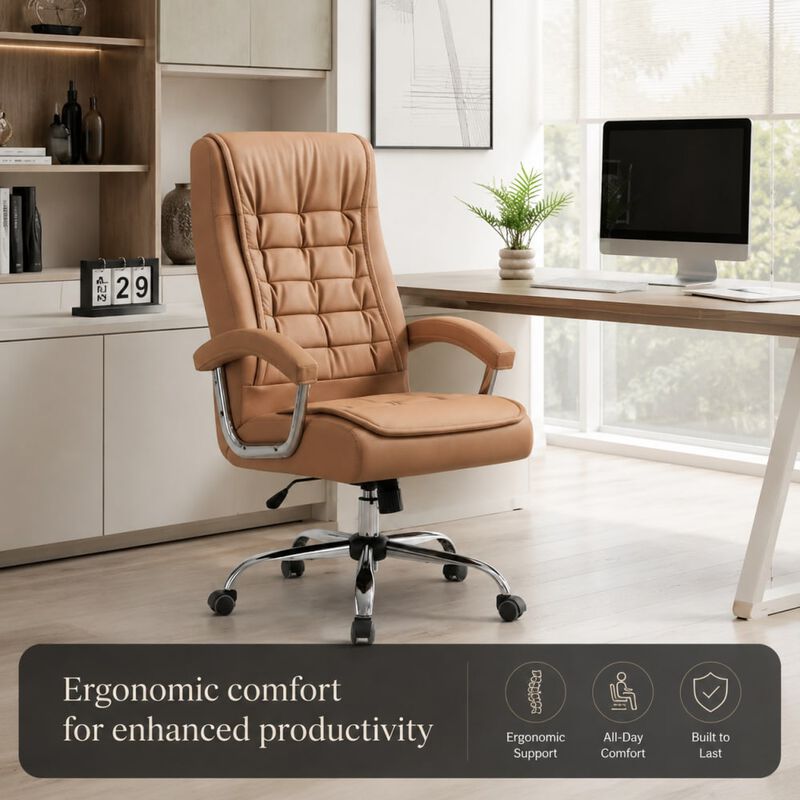 GOODSILO High Back Executive PU Leather Office Chair Ergonomic Swivel Desk Chair with Spring Seat, Chrome Arms, 350lbs Capacity for Home Office image number 4