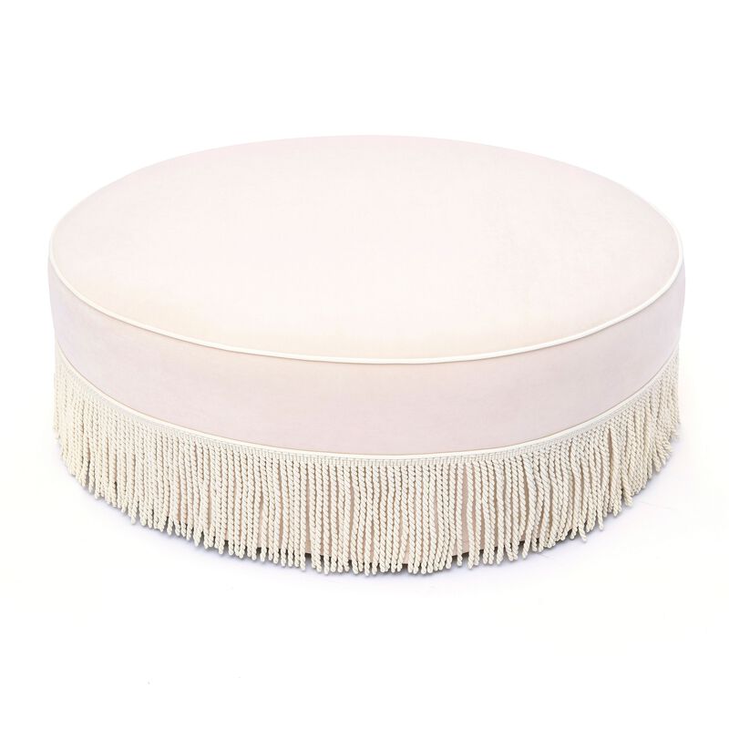 Tassy Neutral Floral Tasseled Round Ottoman image number 2