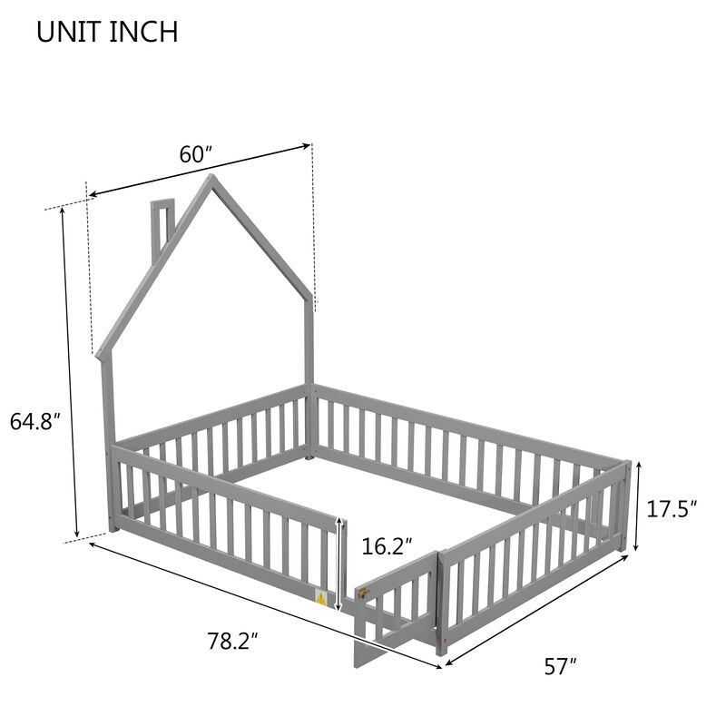 Whisen Full House-Shaped Headboard Floor Bed with Fence-White