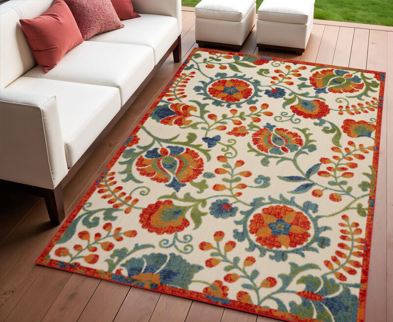 HomeRoots 4' X 6' Red Gold Green And Teal Blue Floral Indoor Outdoor Area Rug image number 1
