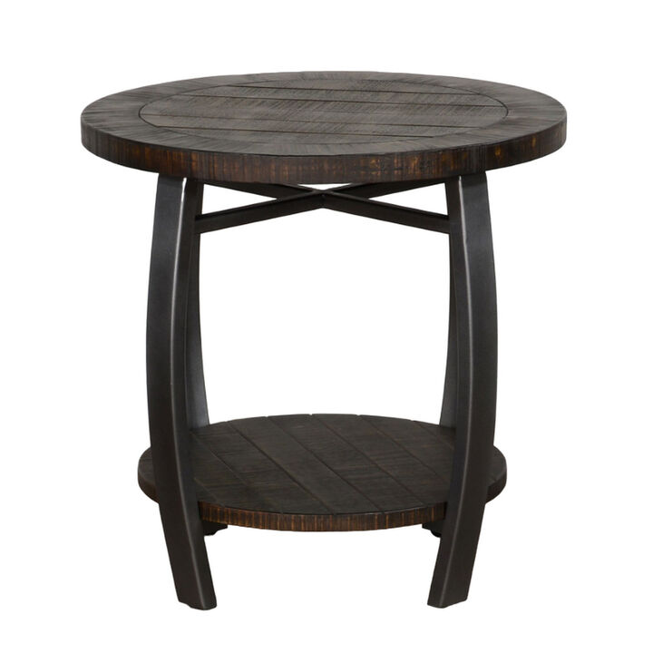 Flint Side End Table w Shelf, Barrel Shape, 24 Inch Dark Brown Round