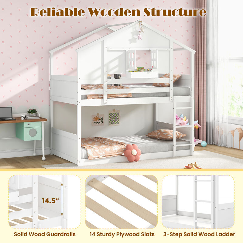 Bunk Bed for Kids with Roof and Lockable Window