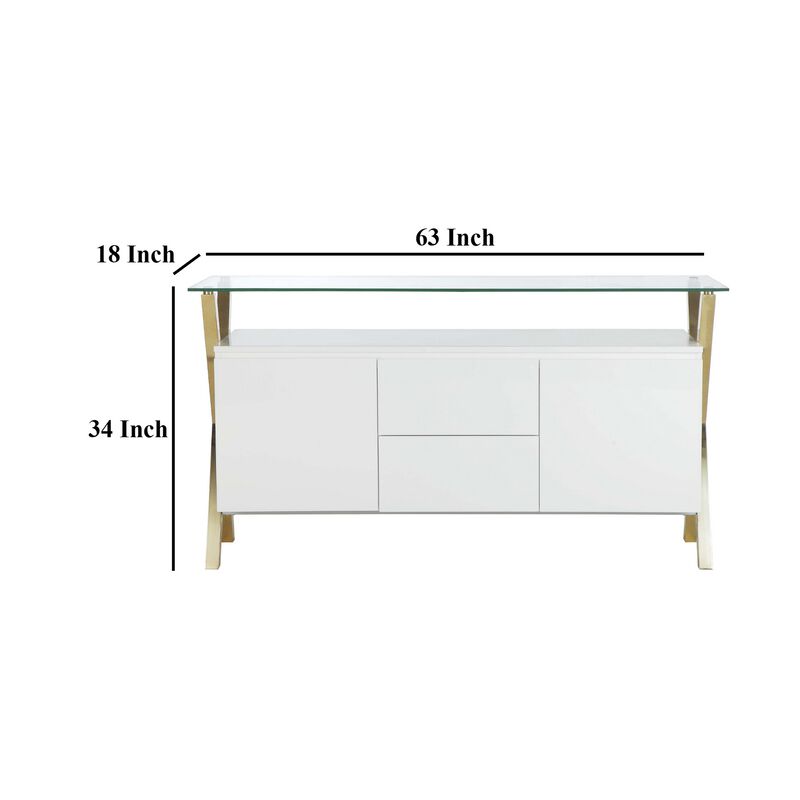 Tia Sideboard Buffet Console, 63 Inch Glass Top, White Lacquer, Gold - Benzara